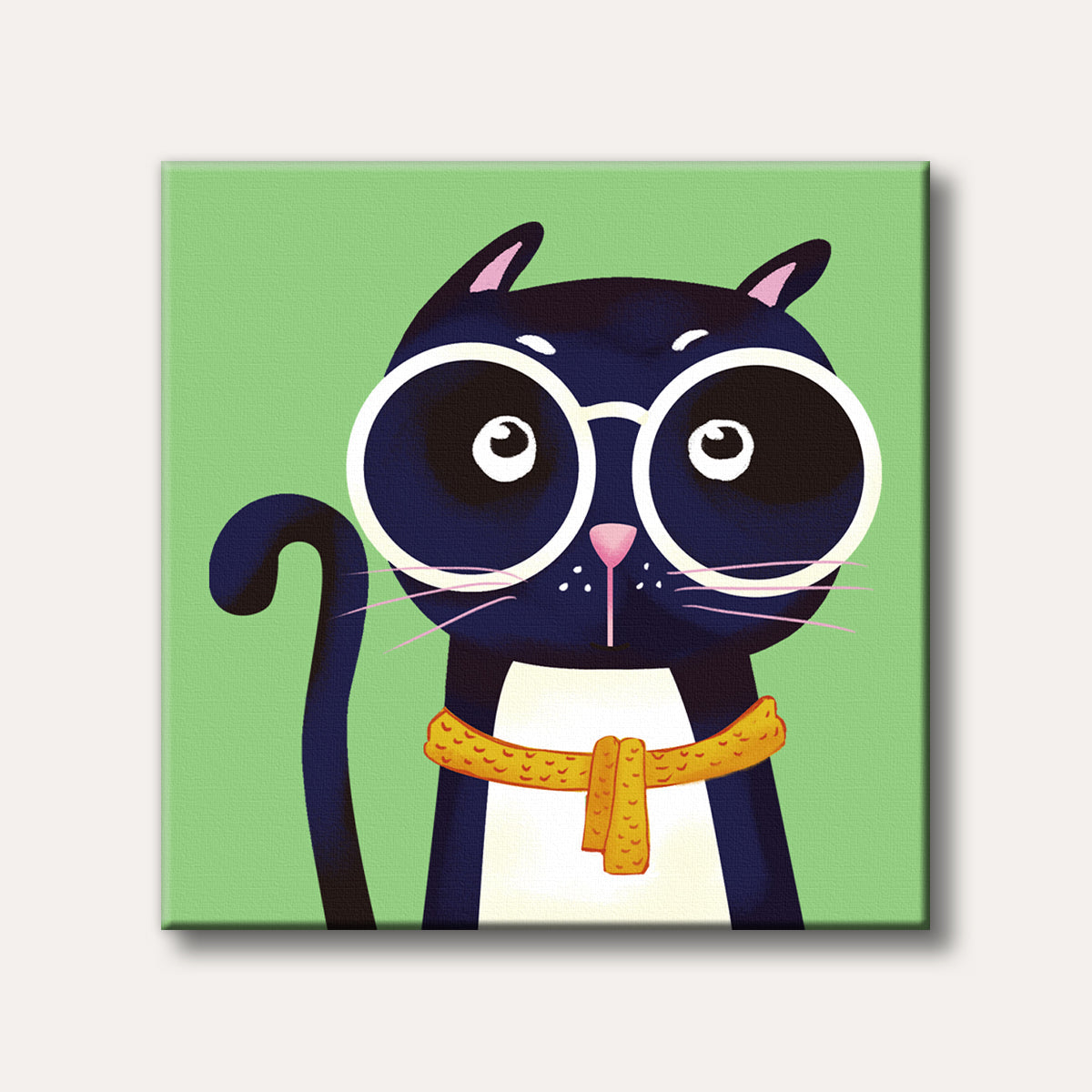 A charming cartoon portrait of a black cat wearing large white glasses and an orange scarf, set against a bright green background in a minimalist style.