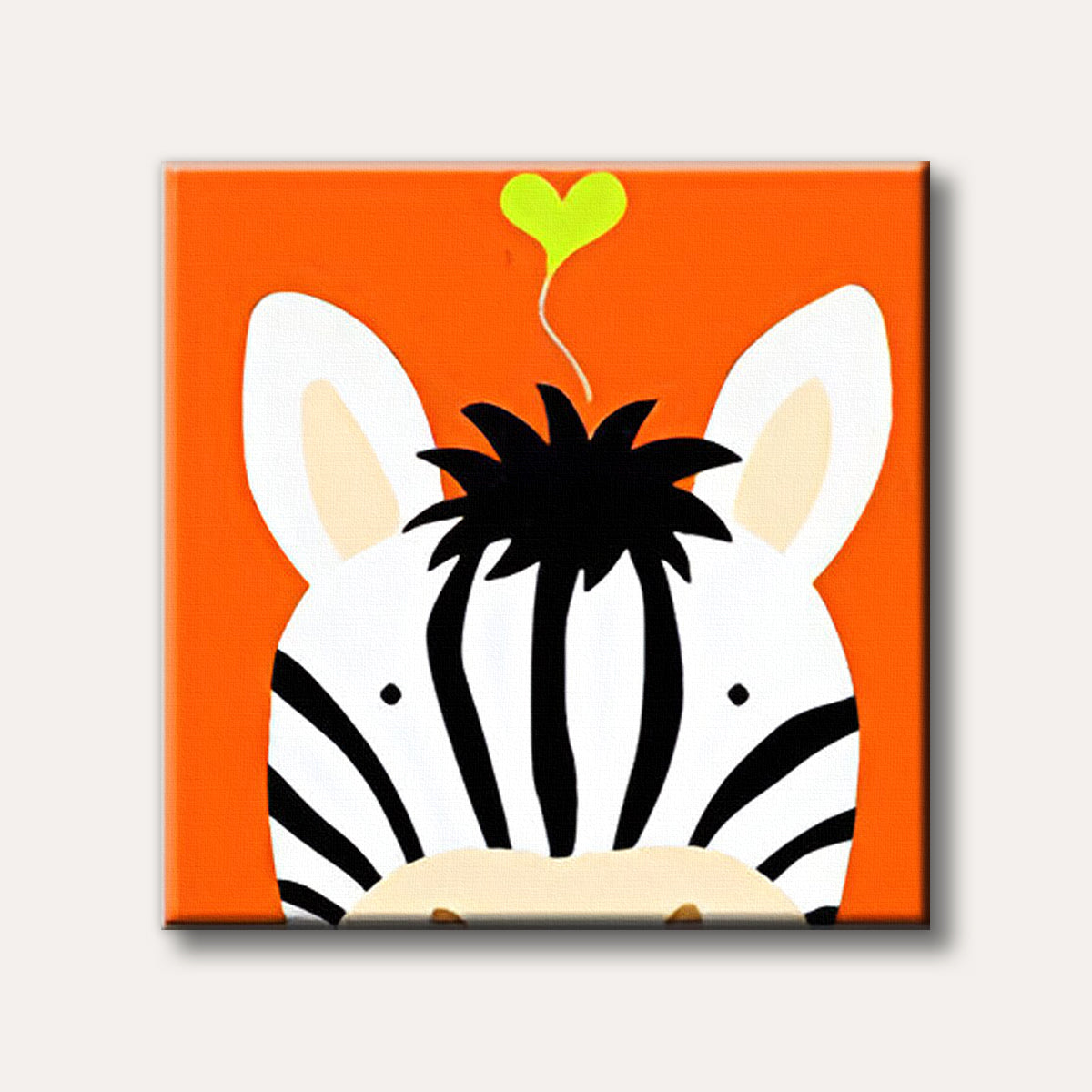 A charming, stylized illustration of a zebra's head with prominent black and white stripes, set against a bright orange background, with a small green heart floating above its head.