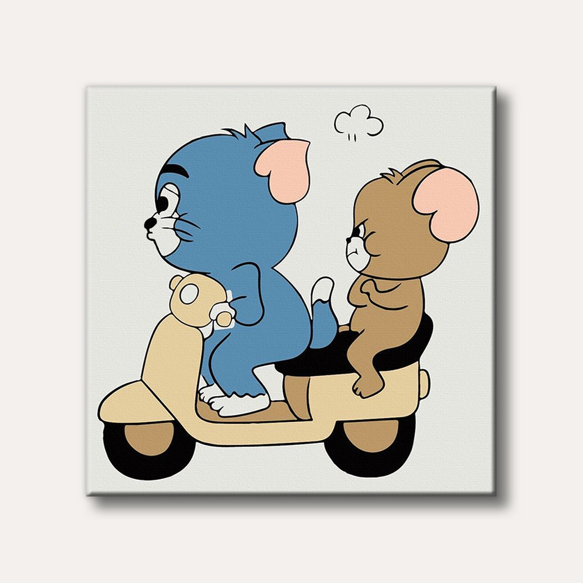 A stylized cartoon illustration featuring Tom the cat driving a beige scooter with Jerry the mouse riding behind him, looking disgruntled, set against a plain light background.
