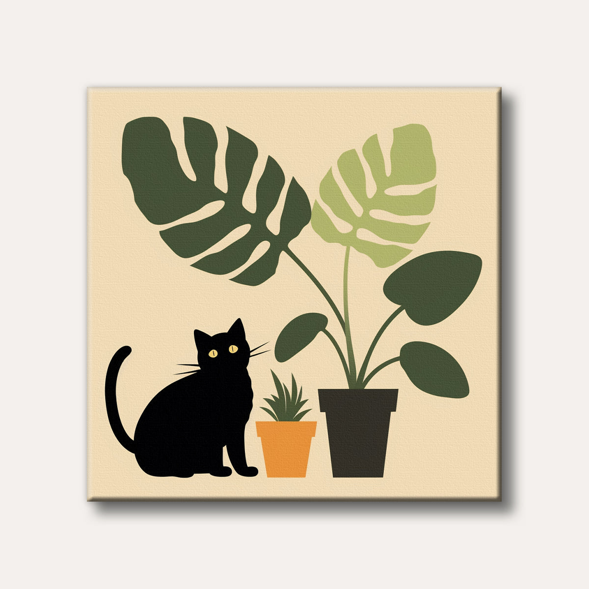 A minimalist illustration featuring a sleek black cat with bright yellow eyes sitting next to potted green plants, set against a light beige background.