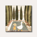 An illustration of a small child in a yellow dress and hat walking hand-in-hand with a large white goose by a poolside, set amidst tall cypress trees and a building, rendered in a charming, warm-toned storybook art style.