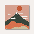 An adorable, abstract illustration featuring a cat-faced mountain, cat-shaped clouds, and a large red sun against a pink sky in a whimsical, minimalist style.