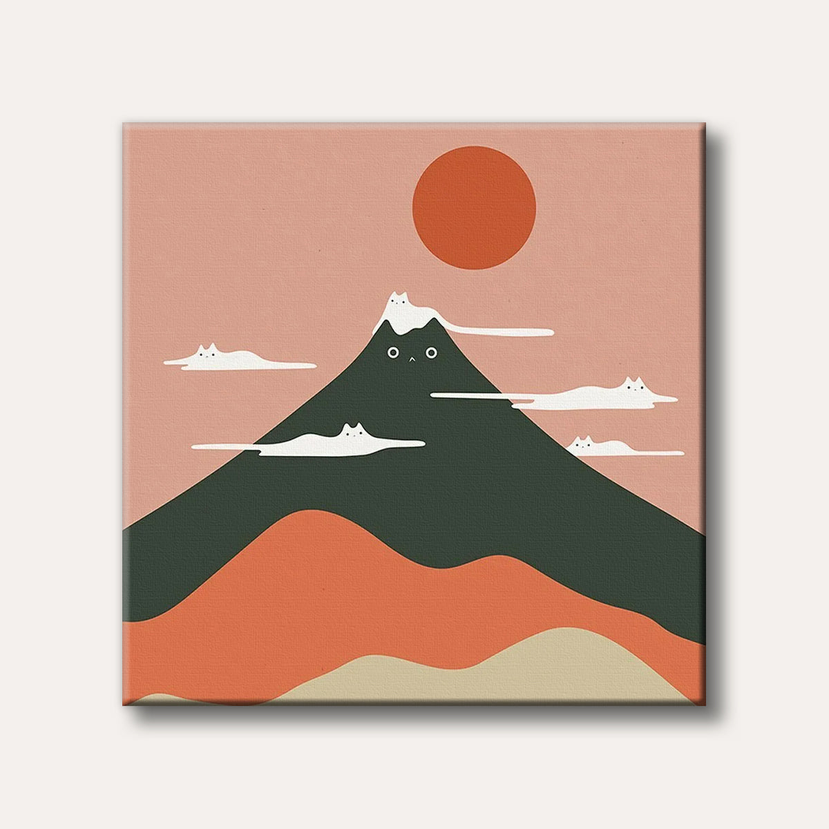 An adorable, abstract illustration featuring a cat-faced mountain, cat-shaped clouds, and a large red sun against a pink sky in a whimsical, minimalist style.