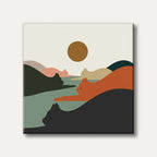 A minimalist illustration depicting several cats forming a serene landscape of rolling hills under a large brown sun, rendered in a calming, abstract style.