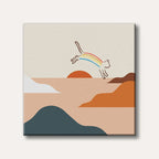 A minimalist illustration of a brown outlined cat leaping over a peach-coloured landscape with a setting sun, its back adorned with a vibrant rainbow stripe, conveying a whimsical and joyful mood.