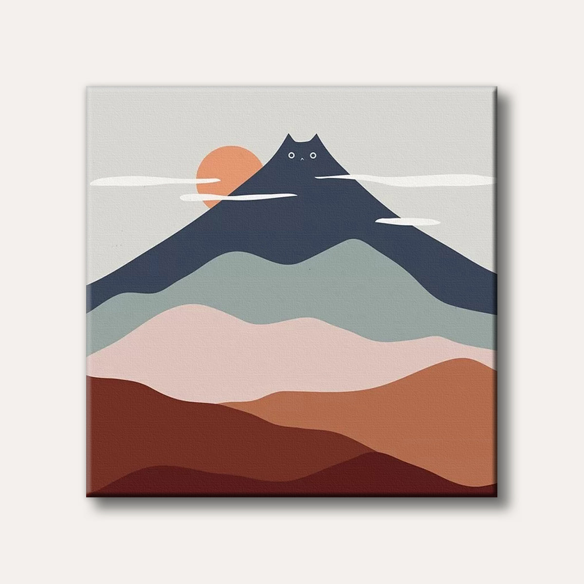 A minimalist illustration featuring a dark blue mountain shaped like a cat's head with wide eyes, set against a layered landscape with muted green, pink, and brown hills and an orange sun with white clouds.