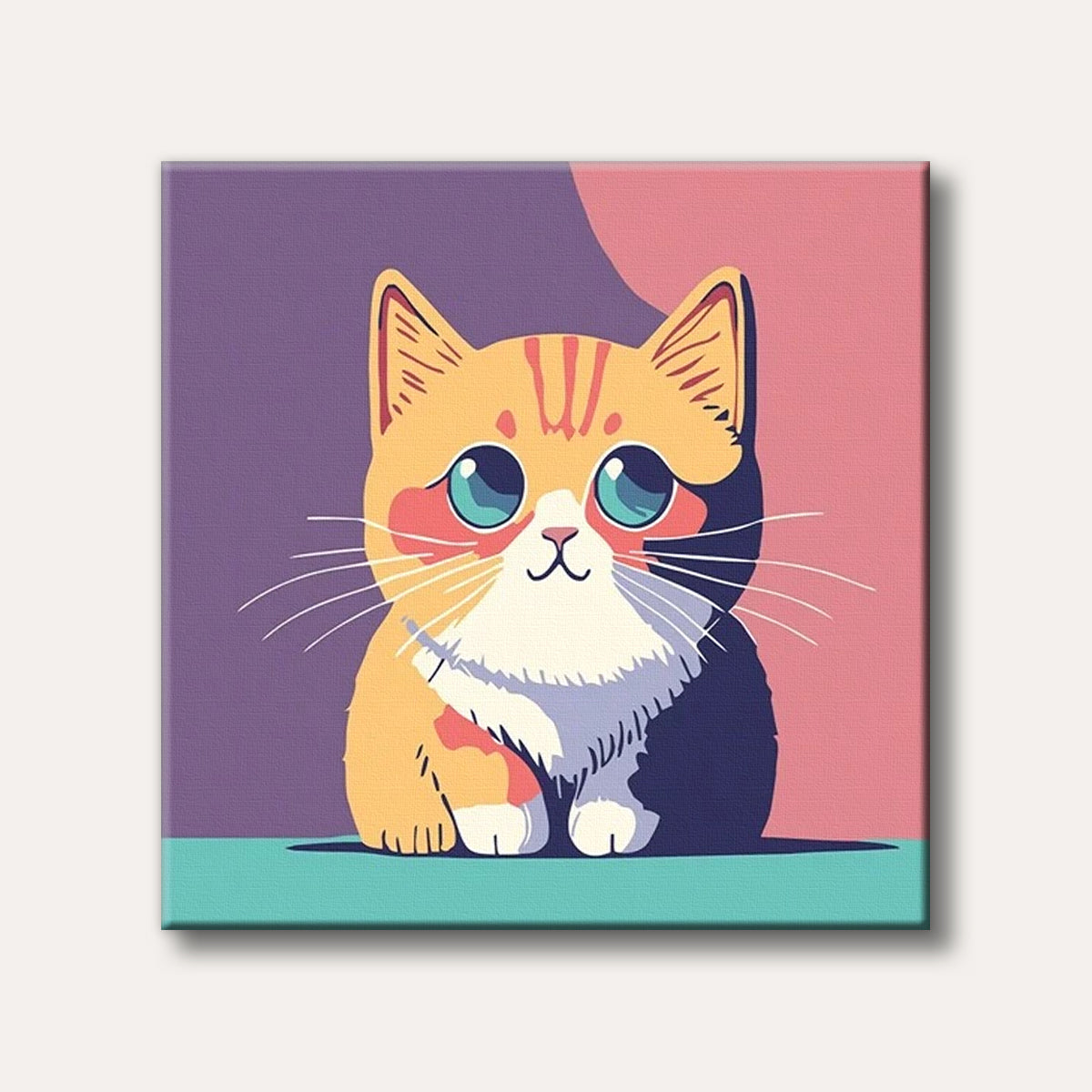 A vibrant, cartoon-style depiction of an orange and white cat with large turquoise eyes and pink cheeks, set against a split purple and pink background.