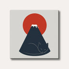 A minimalist illustration featuring a large dark blue cat sleeping, stylized as Mount Fuji, with a small white cat resting on its peak, set against a vibrant red sun and a light grey background.