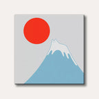 A minimalist illustration featuring a white cat playfully perched atop a blue mountain with a large red sun in a light grey sky, in a whimsical, cute style.