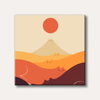 A minimalist illustration depicting an orange sun over rolling, cat-shaped hills in warm, earthy tones, with each hill subtly revealing a cat's face.
