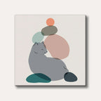 A minimalistic illustration of a grey cat with closed eyes, resting peacefully amidst stacked abstract, translucent shapes in muted pastel colours.
