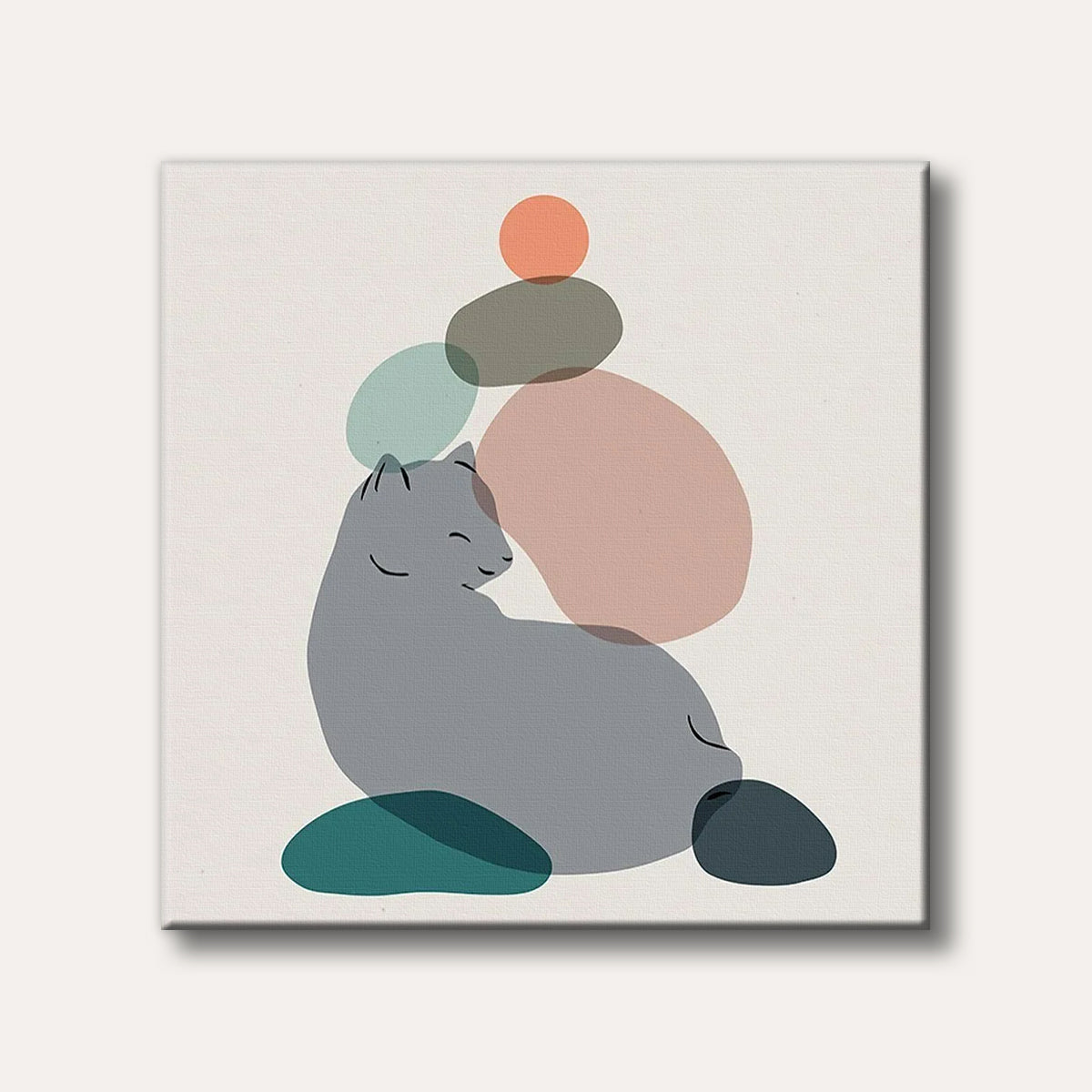 A minimalistic illustration of a grey cat with closed eyes, resting peacefully amidst stacked abstract, translucent shapes in muted pastel colours.