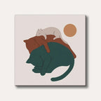 A minimalist illustration depicting three stylized cats in teal, brown, and light grey sleeping peacefully stacked upon each other, set against a light background with a rust-coloured circle.
