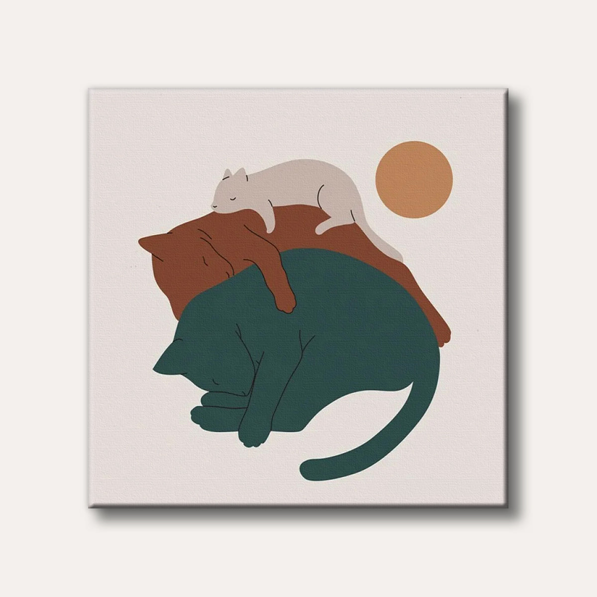 A minimalist illustration depicting three stylized cats in teal, brown, and light grey sleeping peacefully stacked upon each other, set against a light background with a rust-coloured circle.
