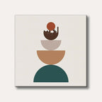 A whimsical brown cat playing with a terracotta ball, balancing on a stack of minimalist geometric shapes in muted earth tones, in a modern, abstract style.