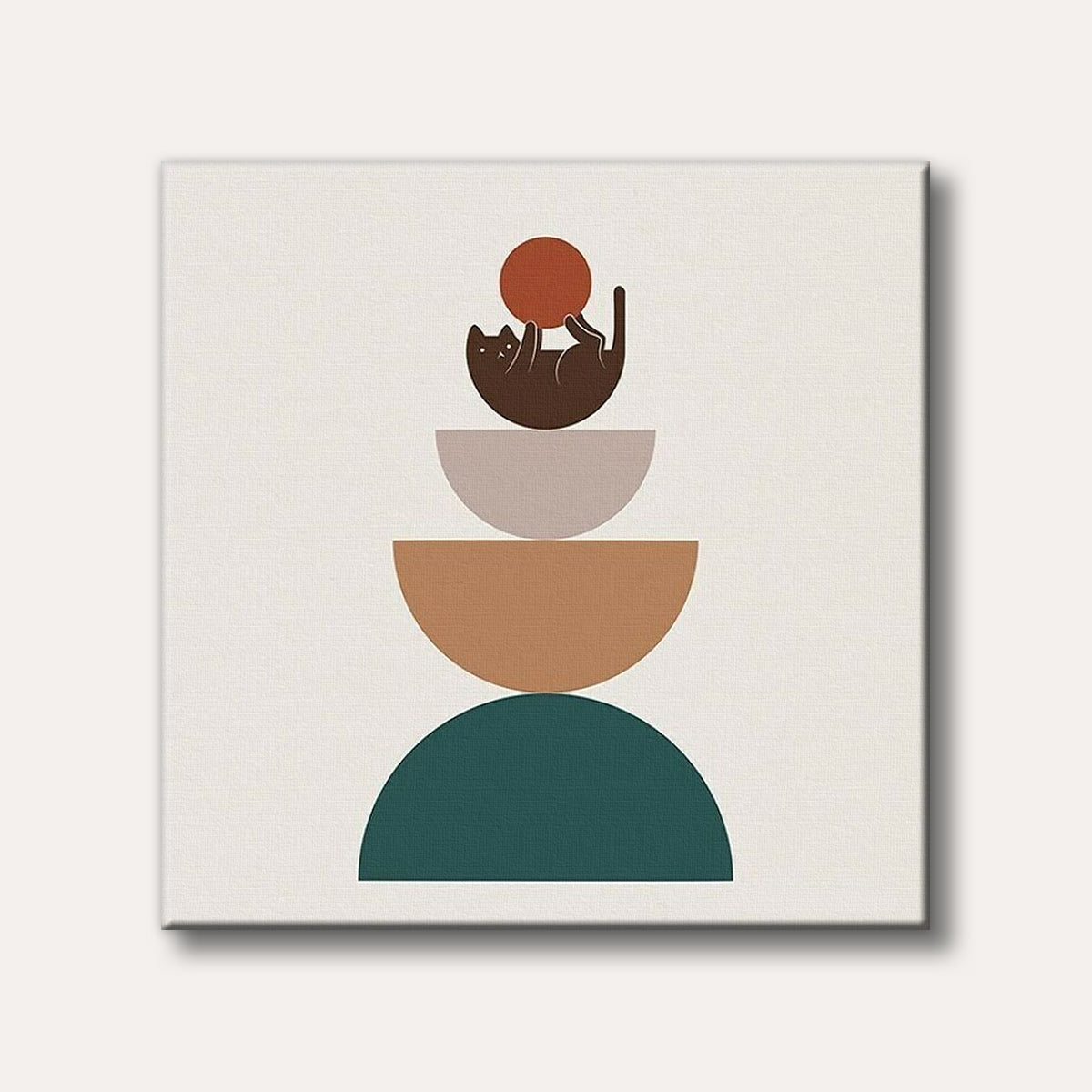A whimsical brown cat playing with a terracotta ball, balancing on a stack of minimalist geometric shapes in muted earth tones, in a modern, abstract style.