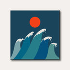 A graphic illustration of white cat silhouettes surfing on large blue and teal ocean waves under a prominent red sun against a dark blue sky, depicted in a modern, whimsical style.