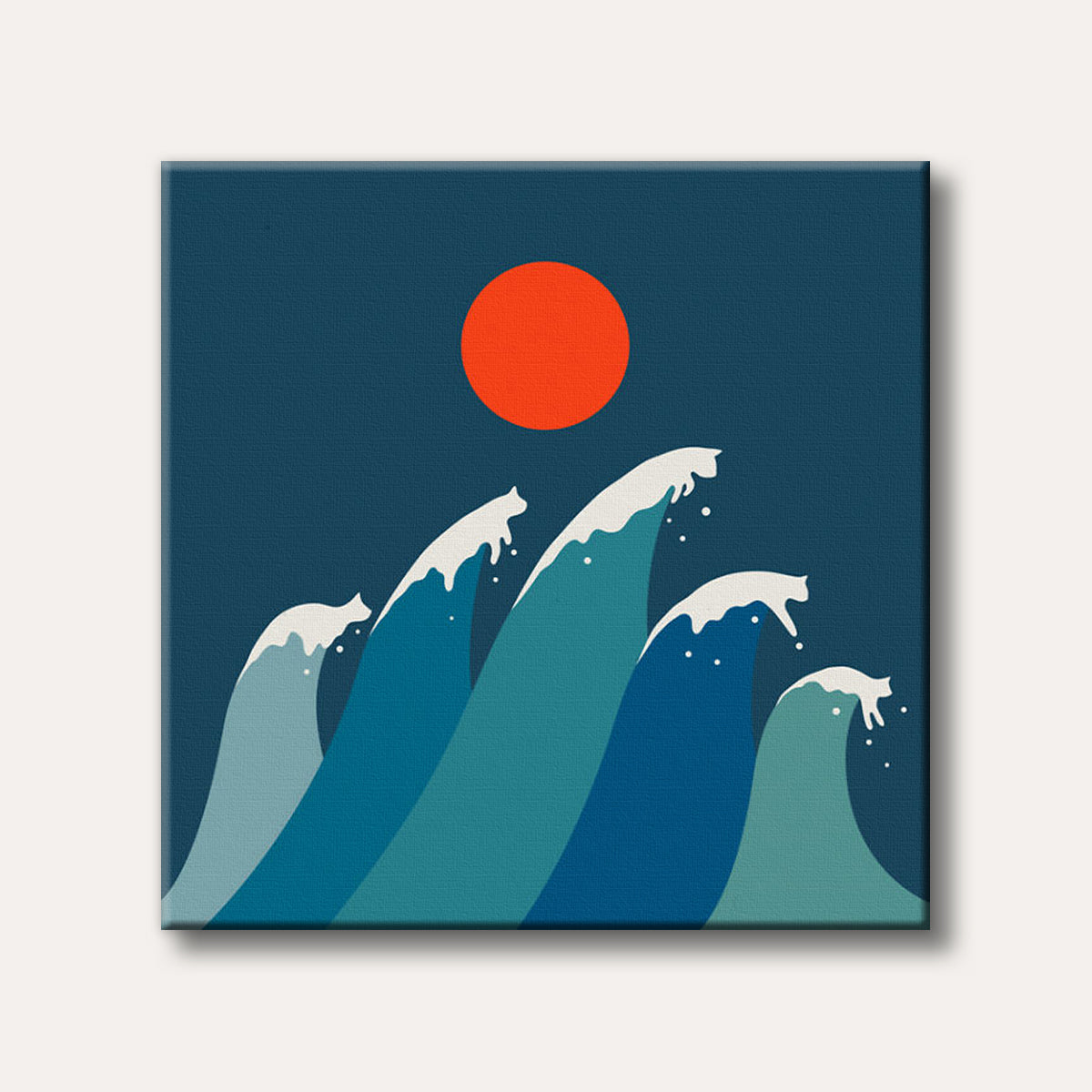 A graphic illustration of white cat silhouettes surfing on large blue and teal ocean waves under a prominent red sun against a dark blue sky, depicted in a modern, whimsical style.