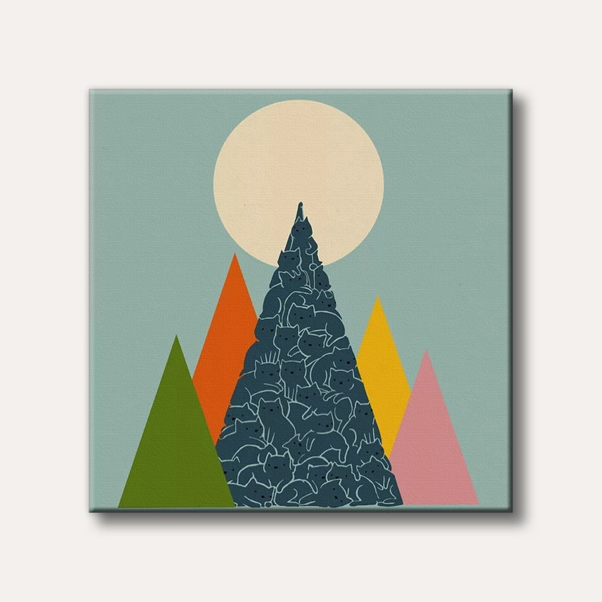 A whimsical illustration featuring a unique mountain composed of numerous stylized cats, set against a light blue background with a large cream moon and vibrant geometric peaks.