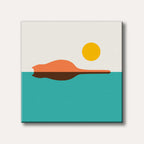 A minimalist abstract illustration showing the silhouette of a lounging cat in orange with its dark shadow, a bright yellow sun, and a teal body of water against a cream background.