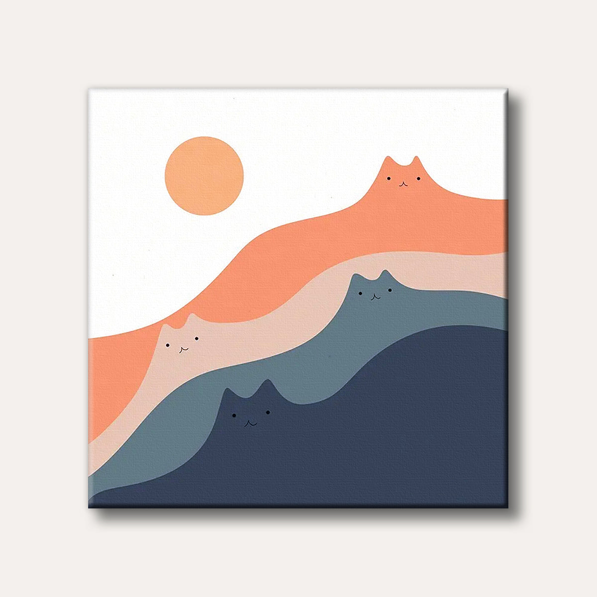 An abstract illustration of several smiling, wavy cat figures in shades of orange, peach, blue, and dark blue, layered like hills under an orange sun, in a minimalist and whimsical style.