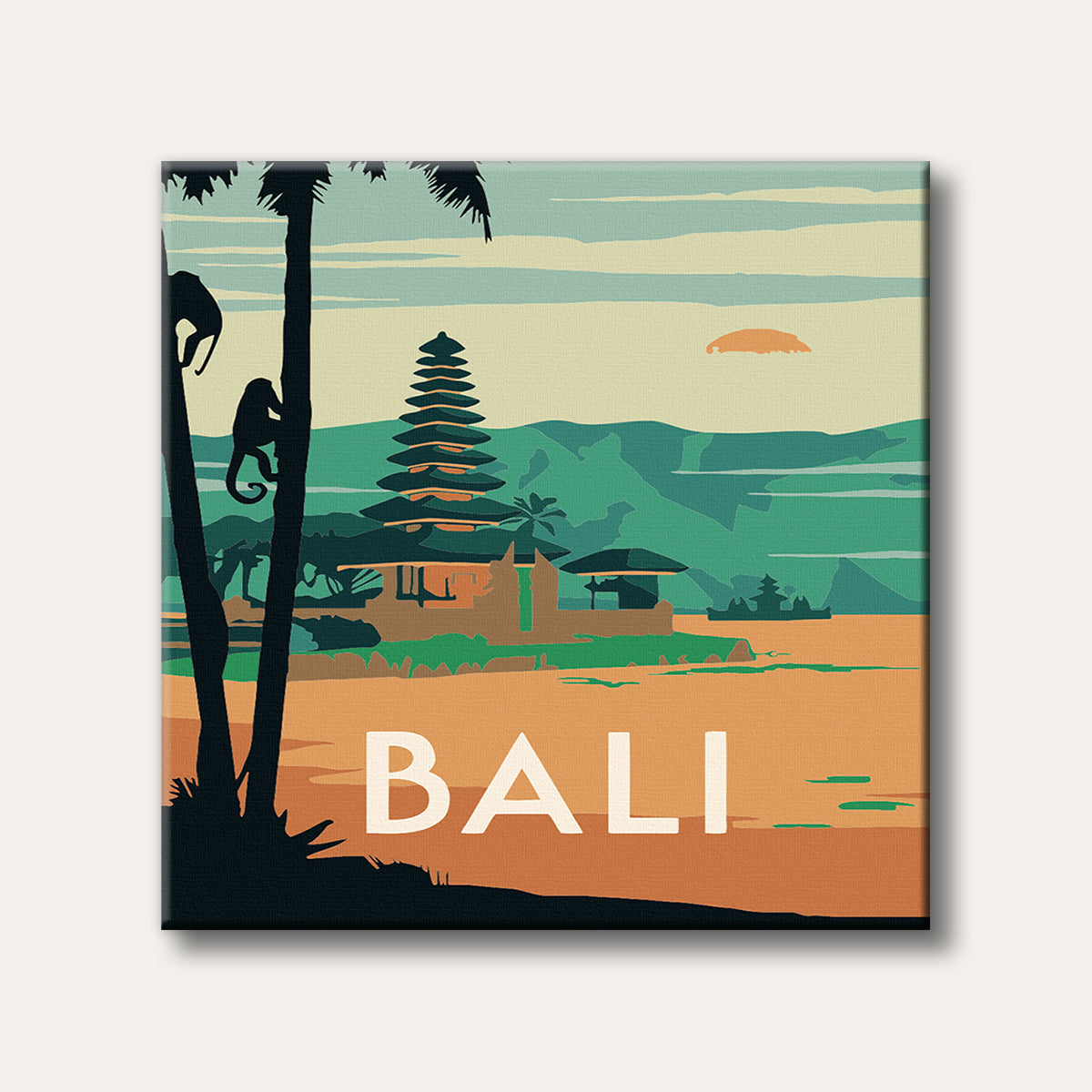 A vintage-style travel poster depicting a tiered Balinese temple and monkeys on palm trees, set against mountains and a sunset, in a flat graphic art style.