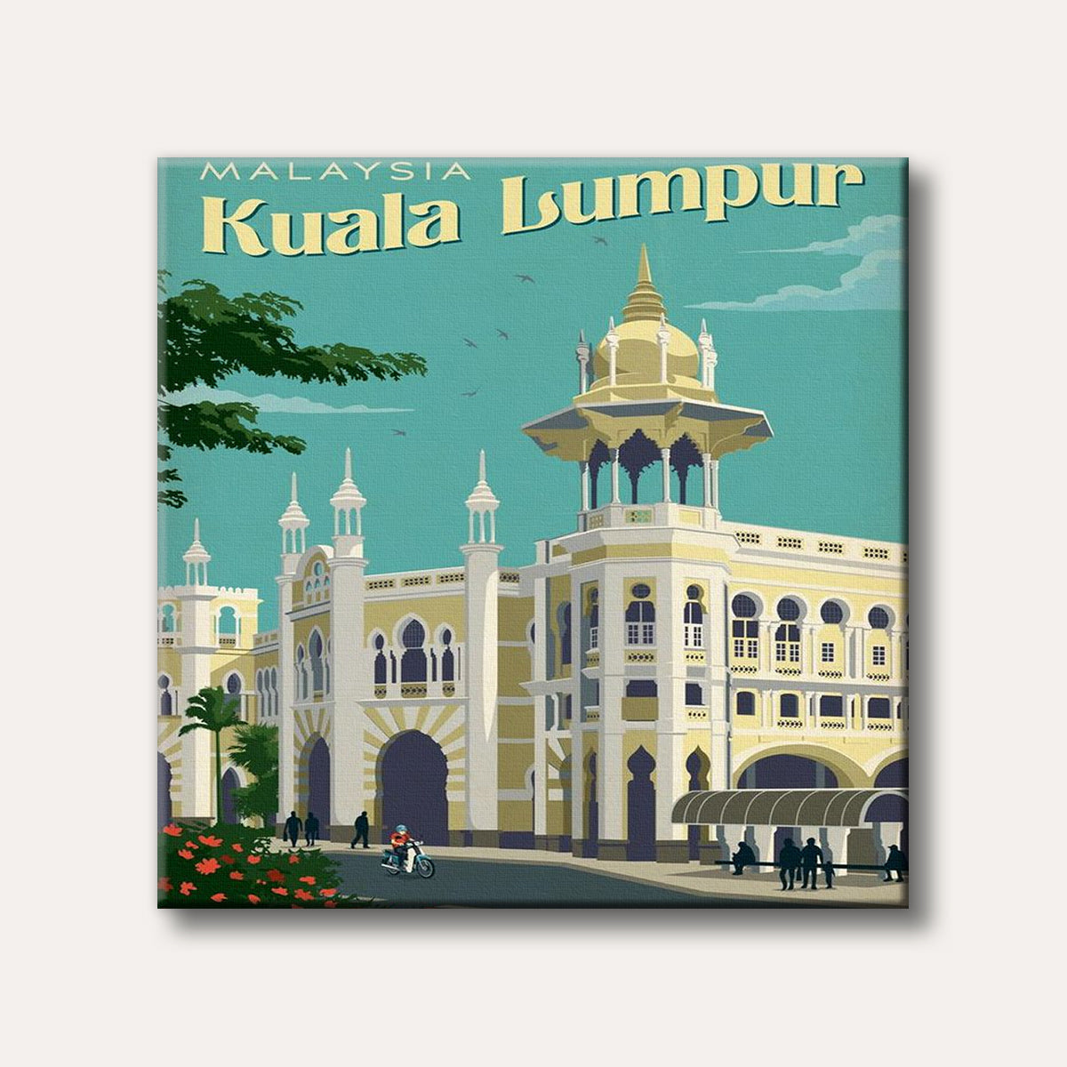 A vintage-style illustration of the ornate Sultan Abdul Samad Building in Kuala Lumpur, Malaysia, featuring its yellow and white architecture against a teal sky, with people and a scooter on the street, evoking a sense of historical travel.