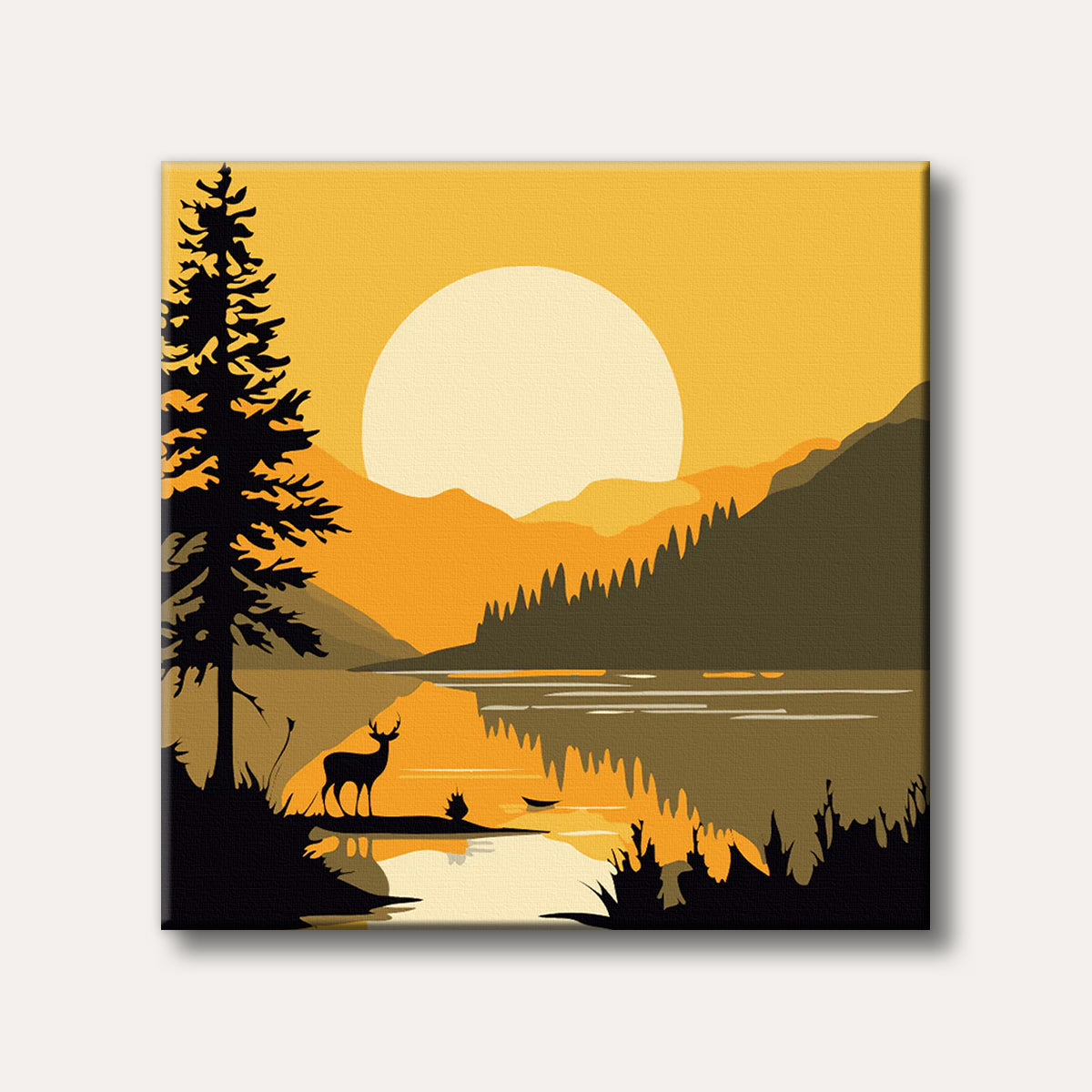 A minimalist landscape art piece depicting a deer silhouette by a calm lake, with a large golden sun setting over distant mountains.