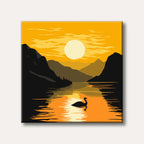 A serene, minimalist landscape painting depicting a black swan on a reflective lake at sunset, flanked by dark mountains and a large golden sun.