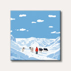 A graphic illustration showing a person in a red coat guiding four cows through a wide, snow-covered mountain valley under a blue sky, rendered in a clean, minimalist style.