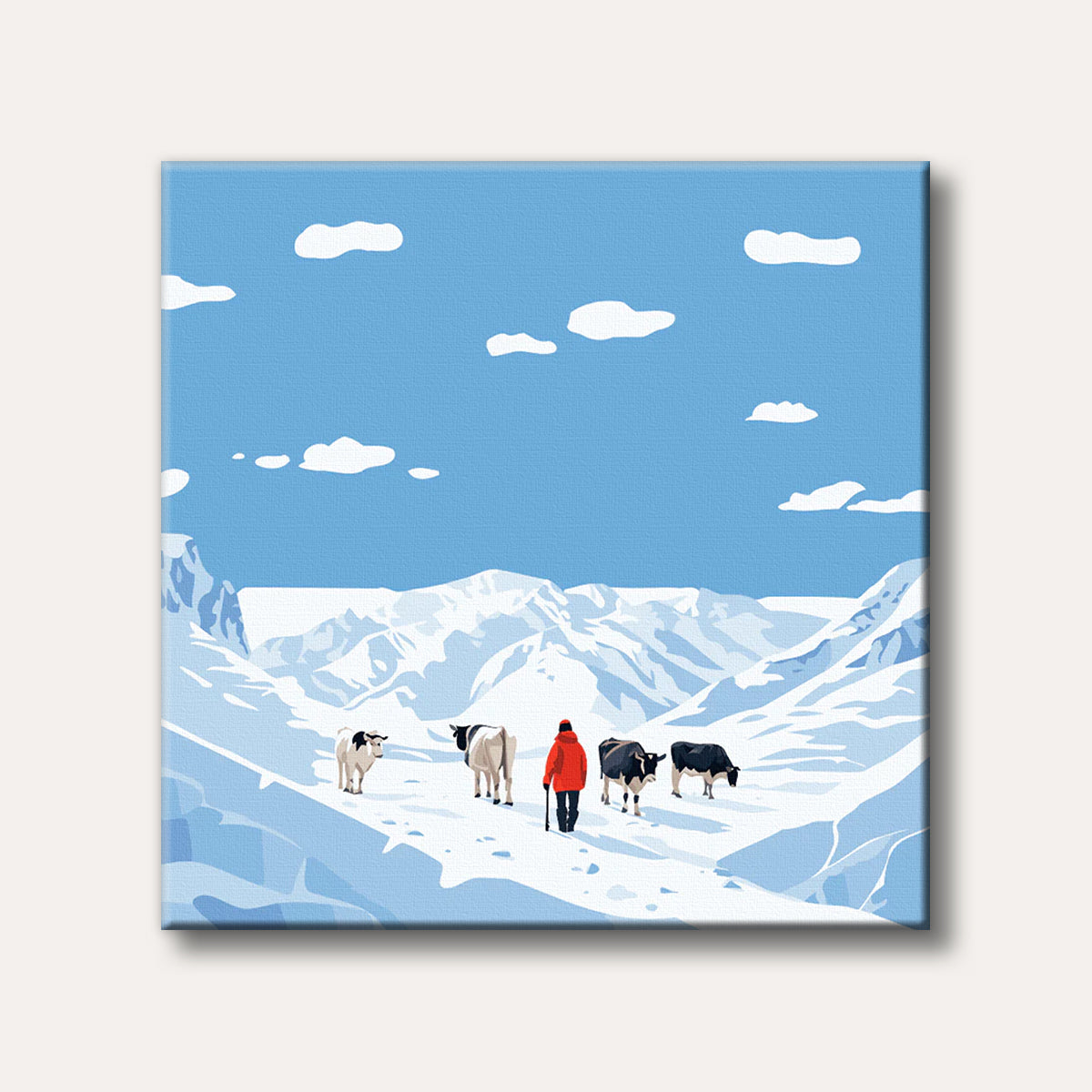 A graphic illustration showing a person in a red coat guiding four cows through a wide, snow-covered mountain valley under a blue sky, rendered in a clean, minimalist style.