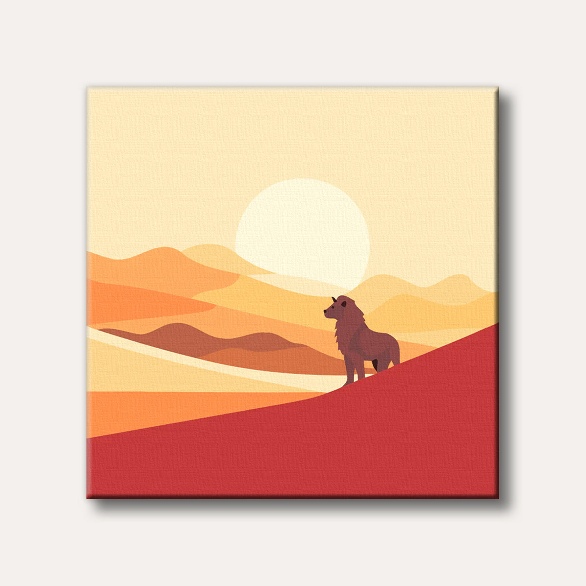 A stylized brown bear-like creature stands on a red hill, gazing at a warm, minimalist desert landscape with a large setting sun in the background, rendered in a flat art style.
