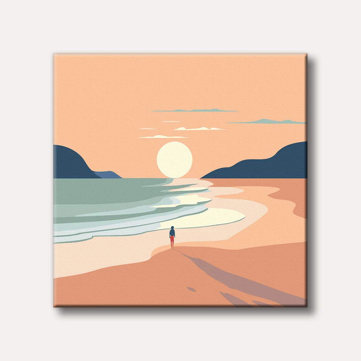 A minimalist illustration of a lone person walking on a sandy beach at sunset, with a large, bright sun on the horizon and calm waves.