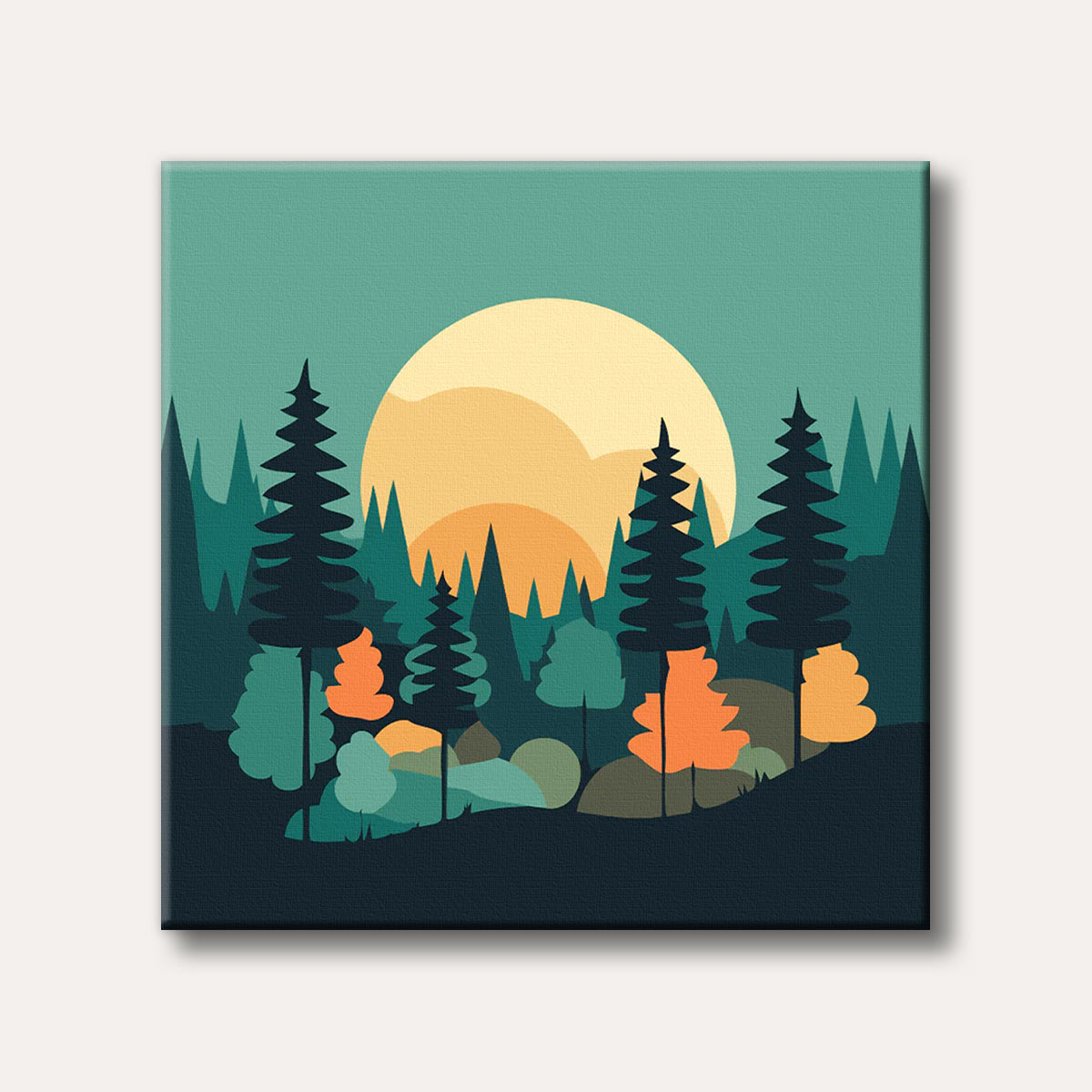 A minimalist and stylized depiction of a forest at sunset, featuring silhouetted trees against a large, warm orange sun and a teal sky.