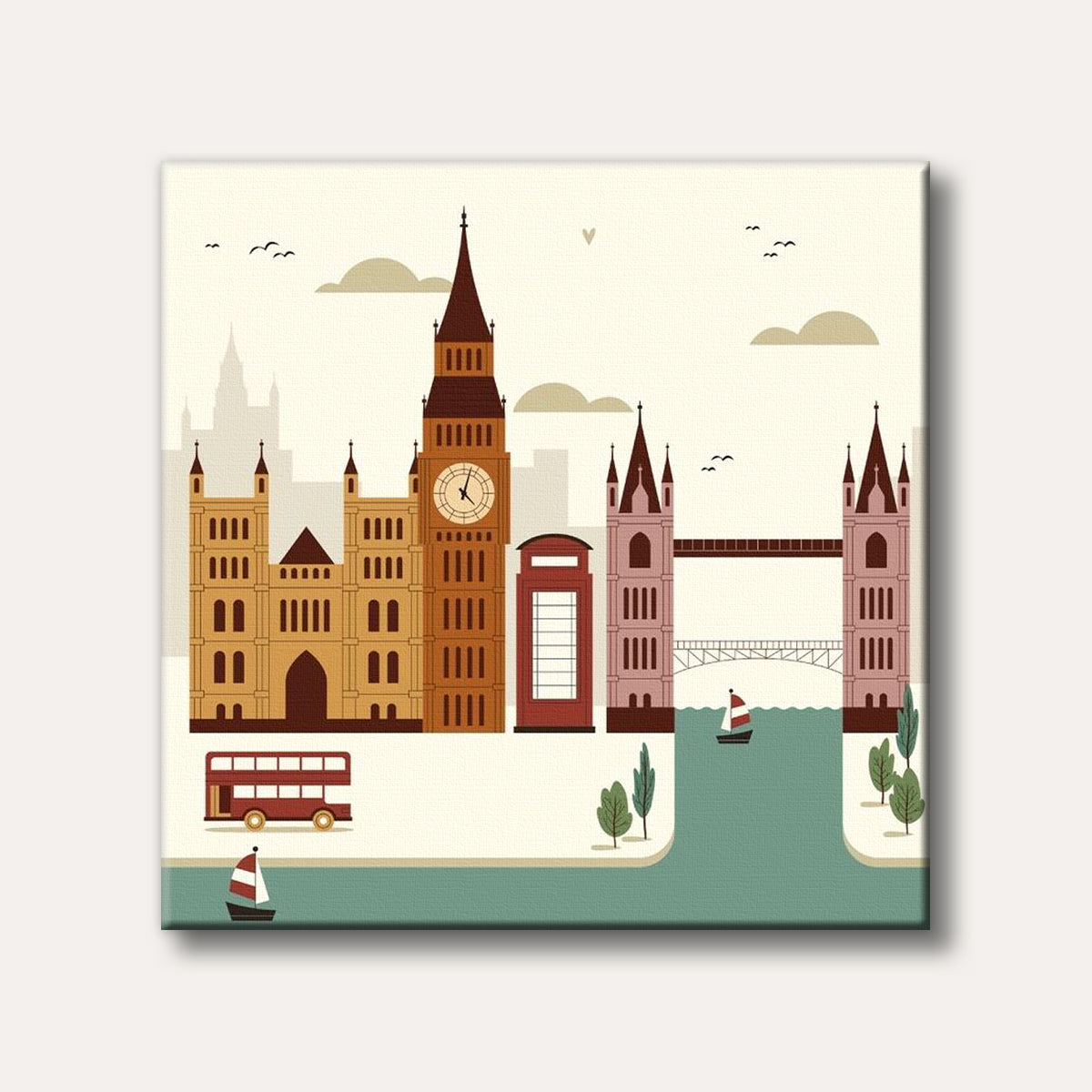 A colourful illustration depicting iconic London landmarks like Big Ben, Tower Bridge, and a red phone booth, rendered in a charming, flat graphic style.