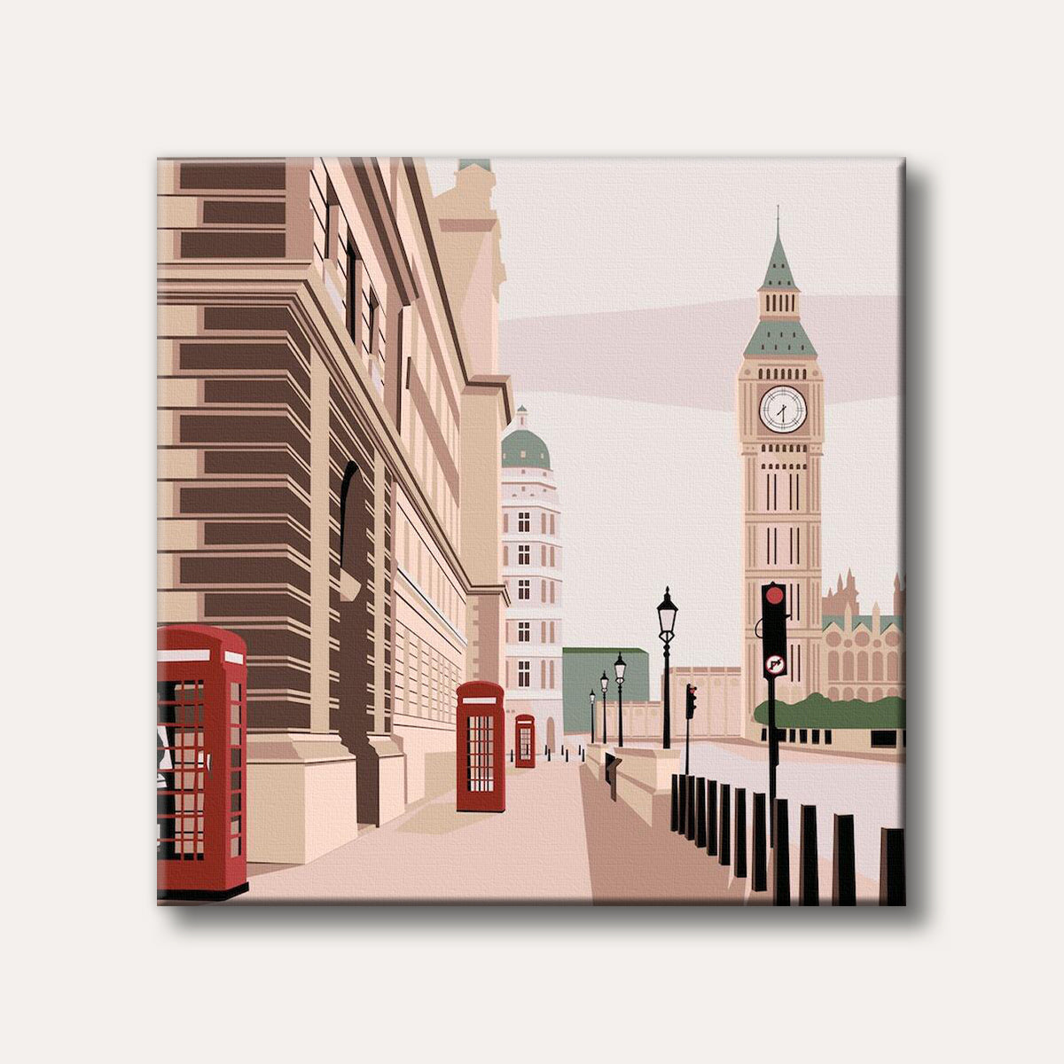 A flat graphic style illustration of a London street featuring Big Ben, several red telephone booths, and classic architecture under a light sky.