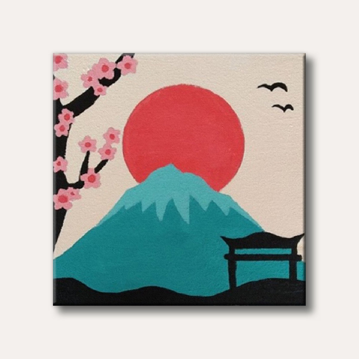 A minimalist painting of Mount Fuji with a large red sun, pink cherry blossoms, and a black torii gate, depicting an iconic Japanese landscape.