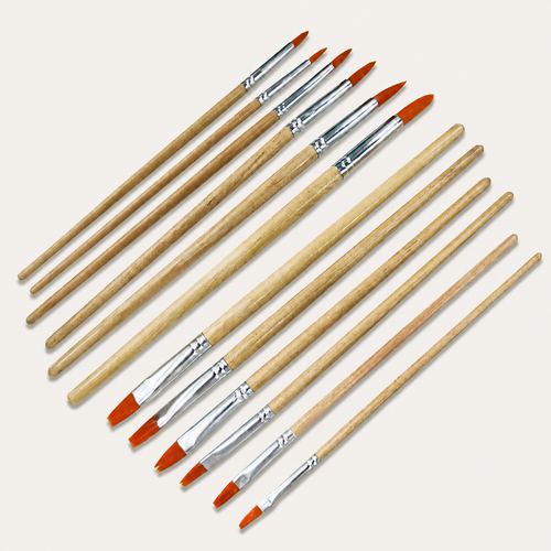12-Pack Natural Wood Handle Paint Brushes on warm off-white background